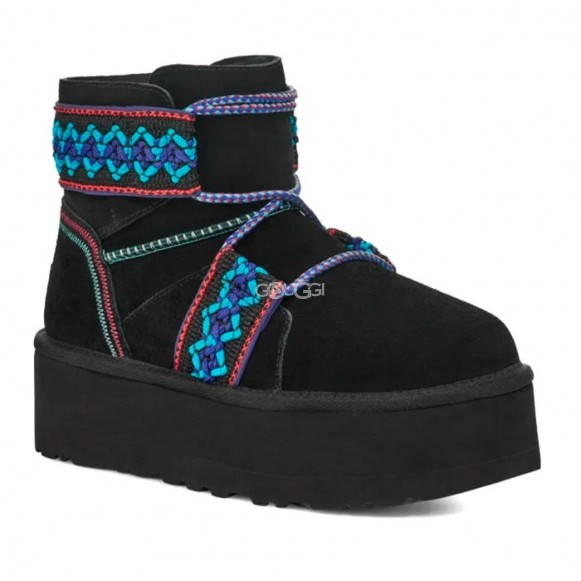 Женские мини угги на платформе Mini II Braid Platform - Black